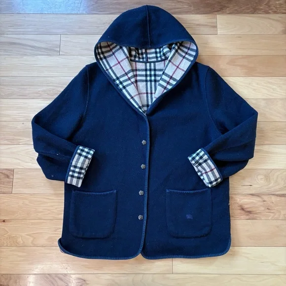 Vintage Burberry Car Coat Womens Sz 18 House Check Blue Hooded Wool Jacket - Picture 2 of 15